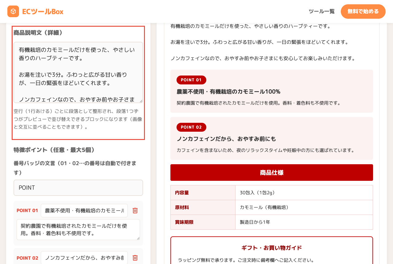 商品説明文と特徴ポイントの入力