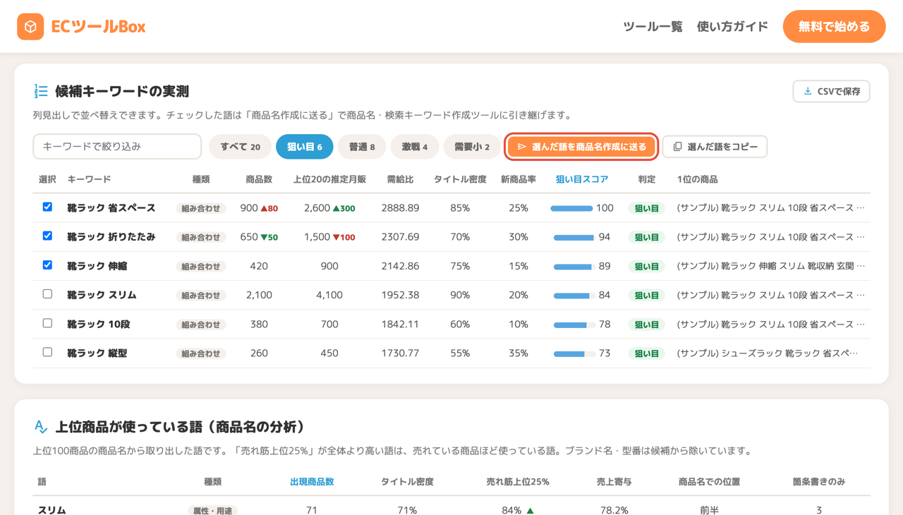 選んだ語を商品名作成に送る