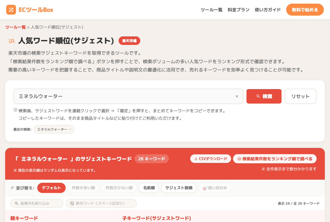 検索直後の結果画面の全体像